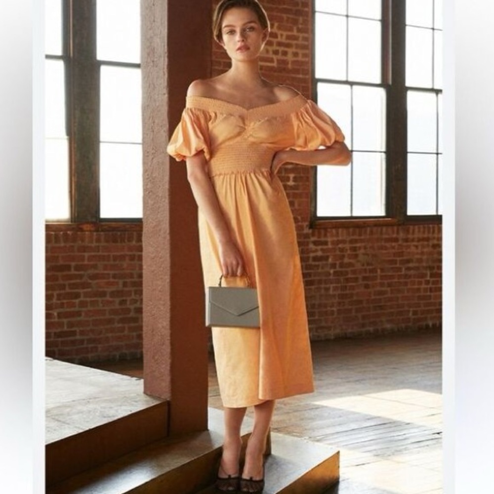 6 A.L.C. Adena Puff Sleeve ON/Off Shoulder Midi Dress Cantaloupe Women's Pastel